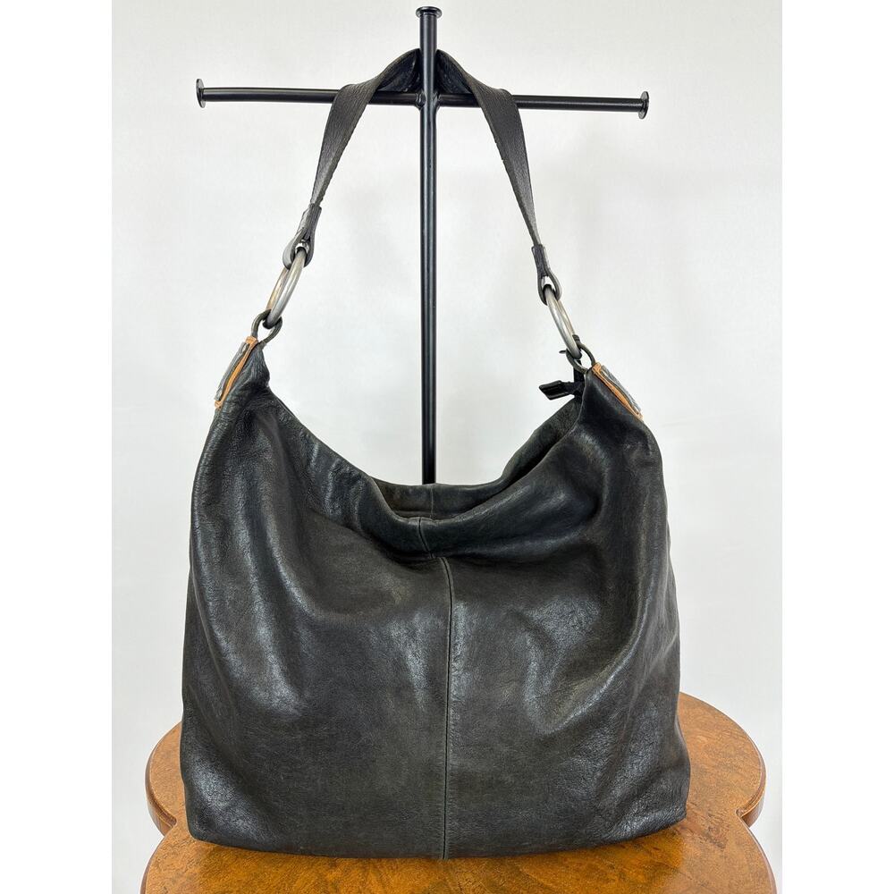 Ellington Black Italian Leather Zip Top Silver Ring Shoulder Strap Handbag